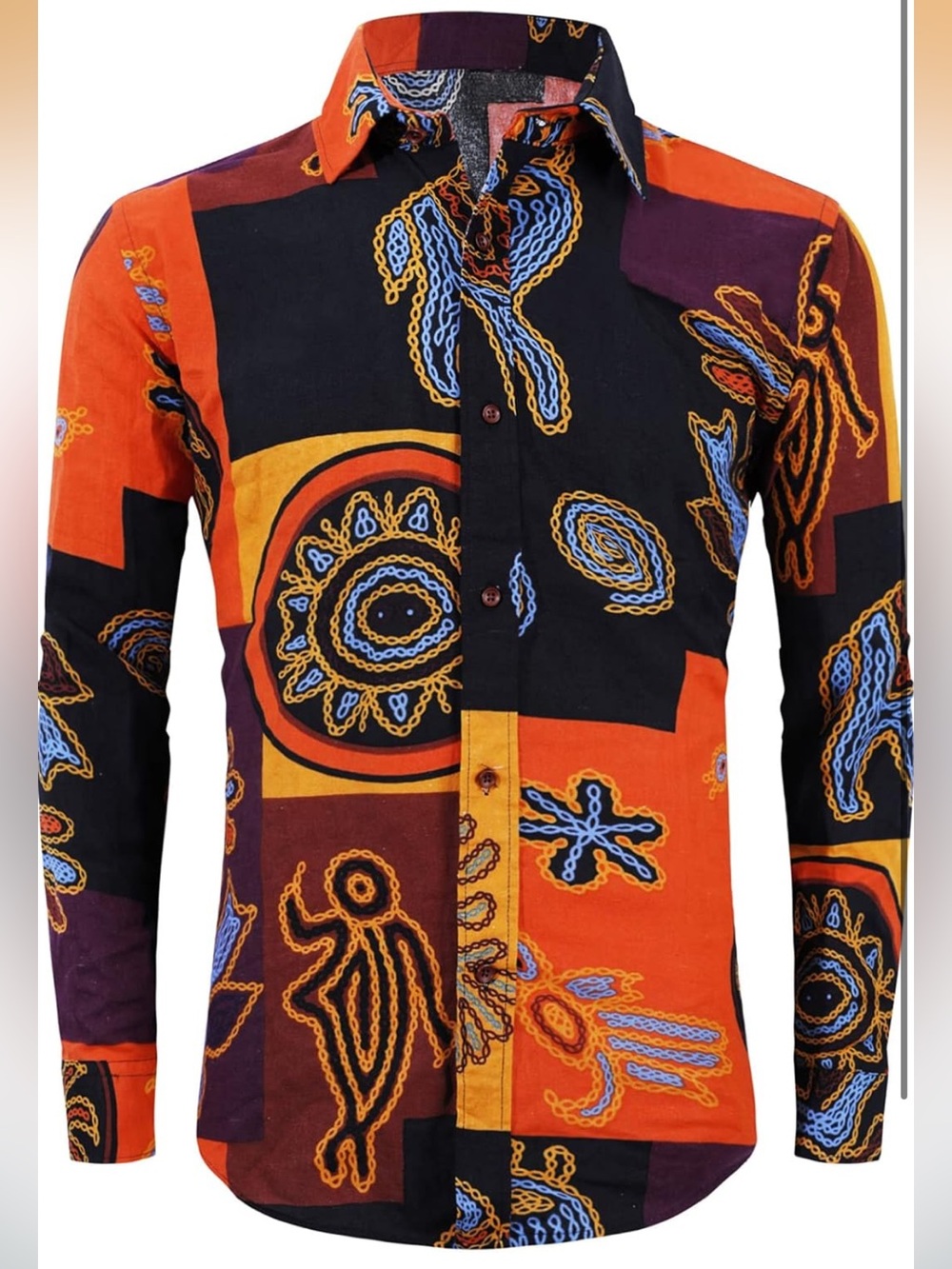 Luc Matton Men's Bold Ethnic Print Shirt  Orange Button Down Linen Blend  M